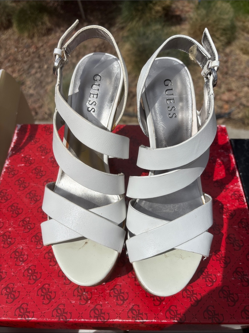 GUESS White Multi-Strap Slingback Heels
